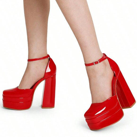 Red Fashionable Women's High Block platform Heels - Picture 9 of 9